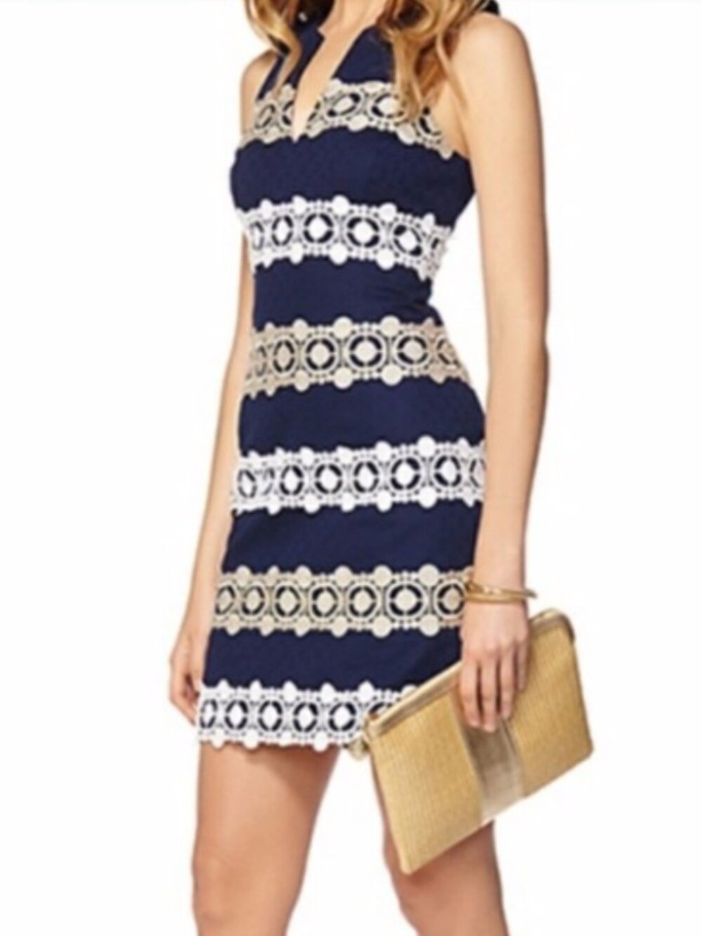 LILLY PULITZER Augusta Navy Blue Gold White Alternating Lace Dress Size 6